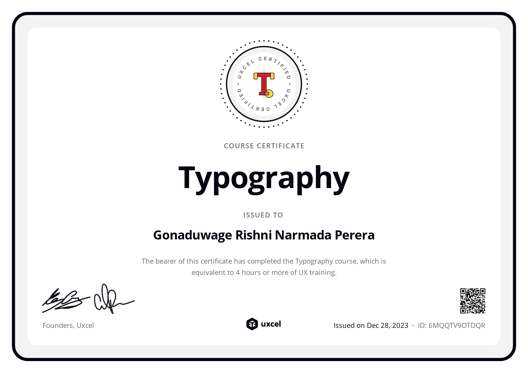 Gonaduwage Rishni Narmada Perera's certificate